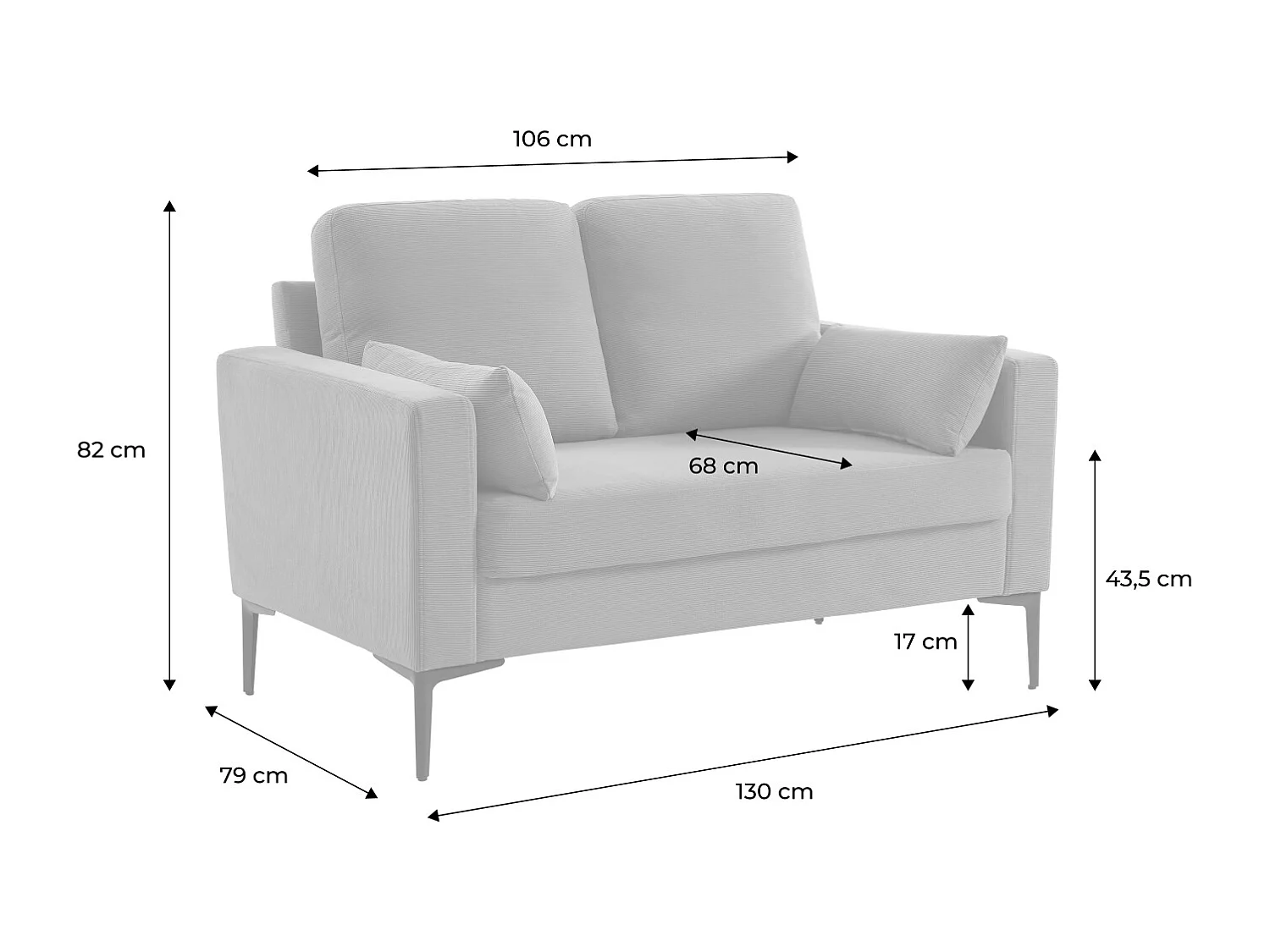 Canapé en velours côtelé gris clair - Bjorn - Canapé 2 places fixe droit pieds métal