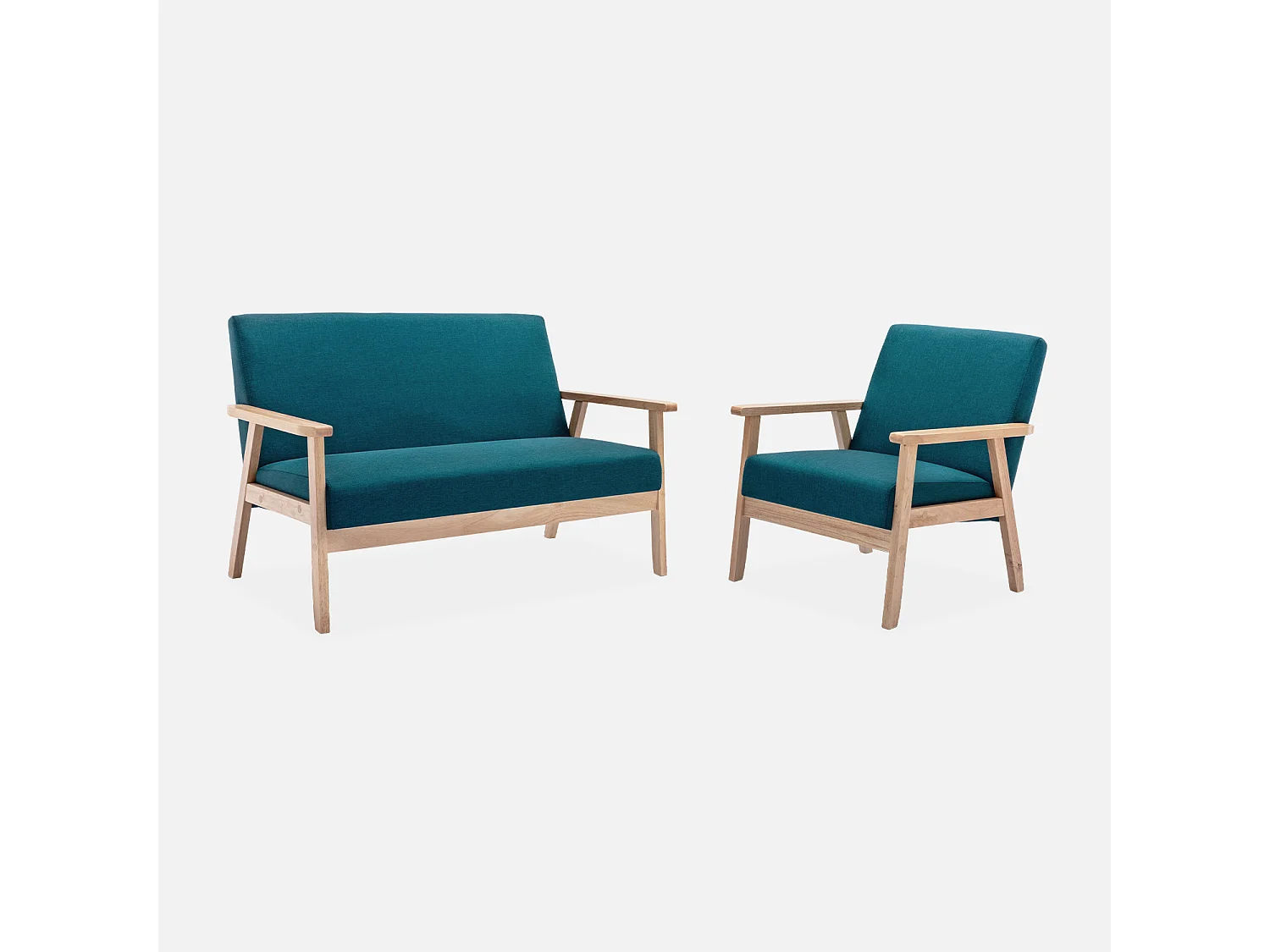 Banquette et fauteuil scandinave en bois et tissu bleu pétrole L 114 x l 69.5 x H 73cm
