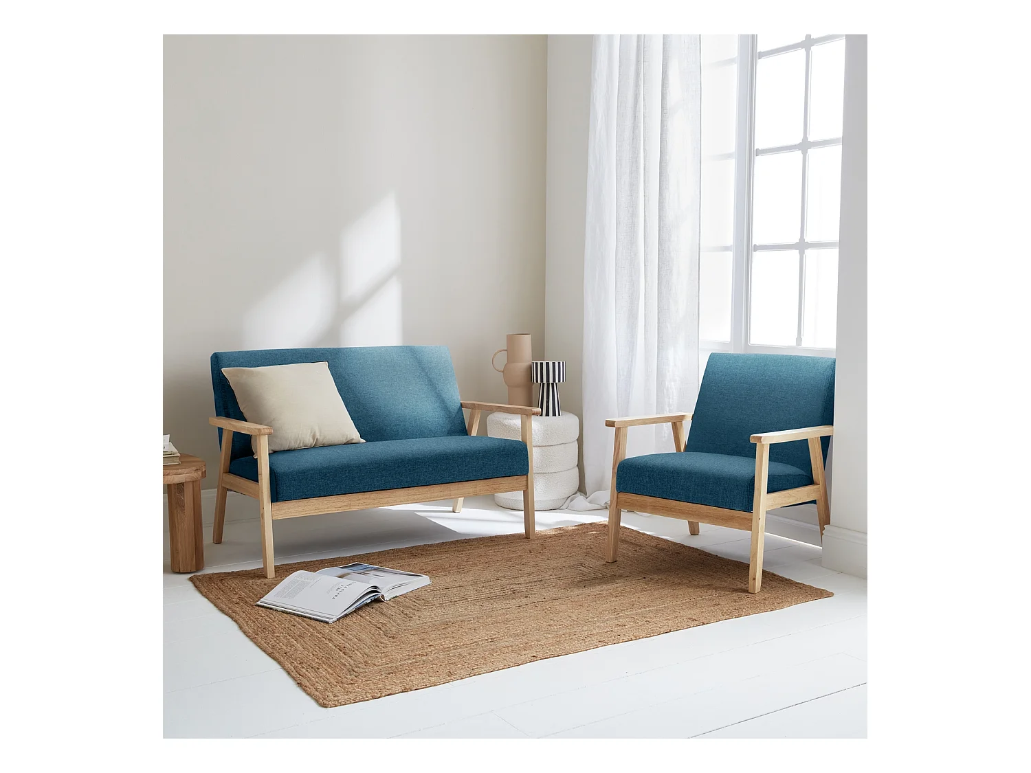 Banquette et fauteuil scandinave en bois et tissu bleu pétrole L 114 x l 69.5 x H 73cm