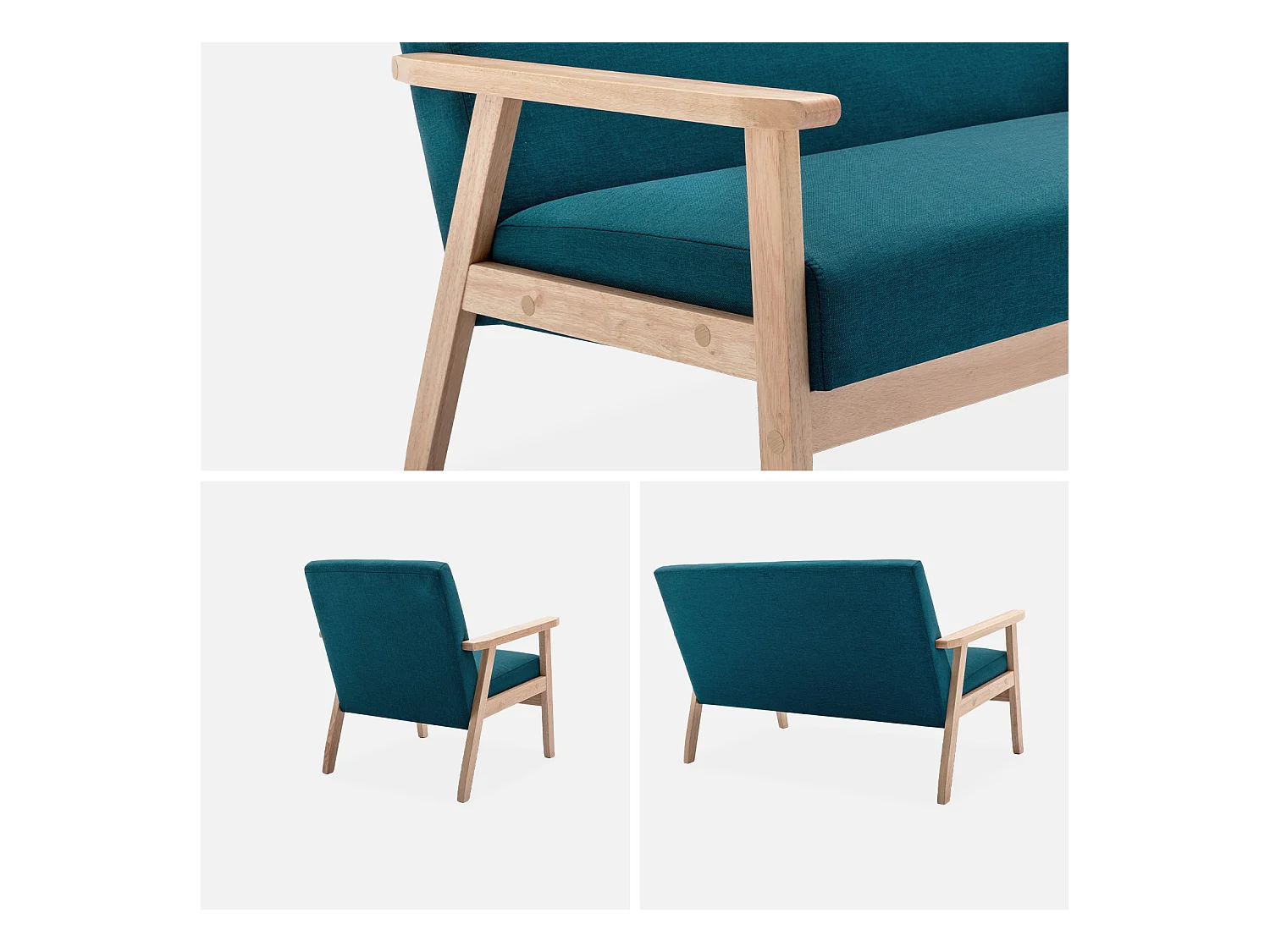 Banco y sillón de madera y tela, 3 plazas