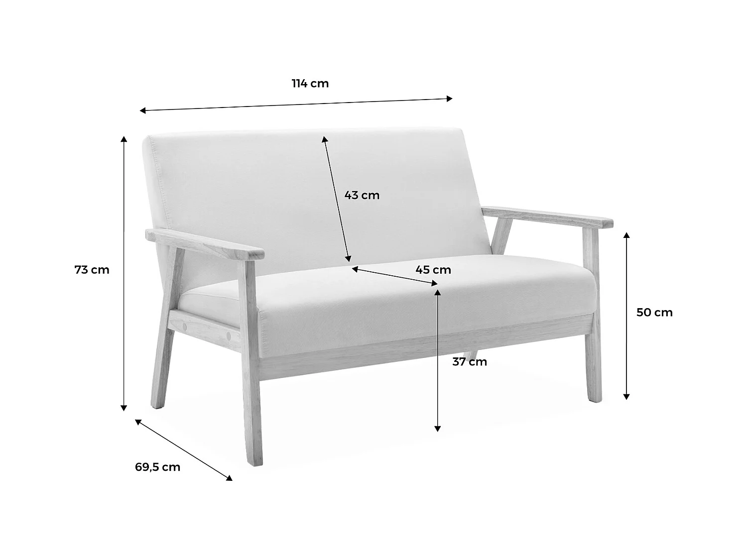 Banco y sillón de madera y tela, 3 plazas