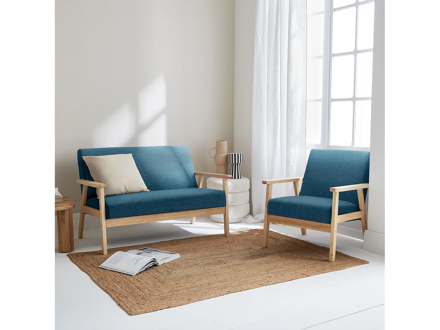 Banco y sillón de madera y tela, 3 plazas azul esmeralda