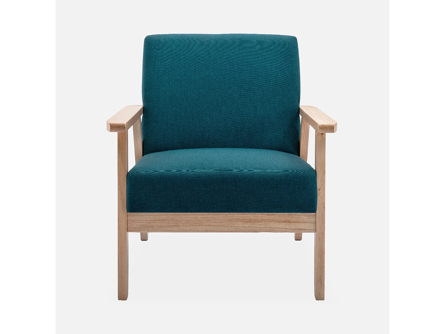 Banco y sillón de madera y tela, 3 plazas azul esmeralda