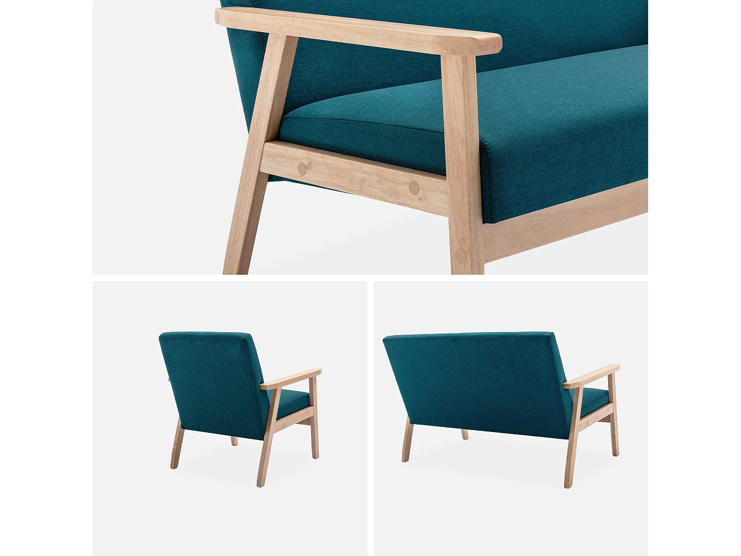Banco y sillón de madera y tela, 3 plazas azul esmeralda
