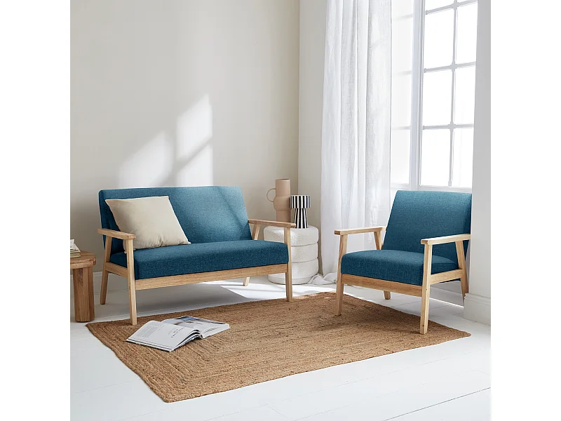 Banco y sillón de madera y tela, 3 plazas azul esmeralda