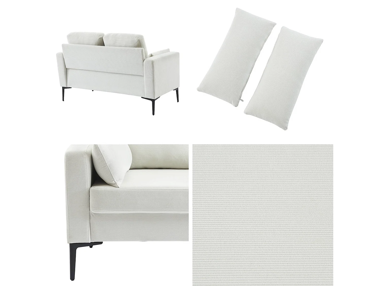 Divano a 2 posti in velluto a coste, gambe in metallo, bianco