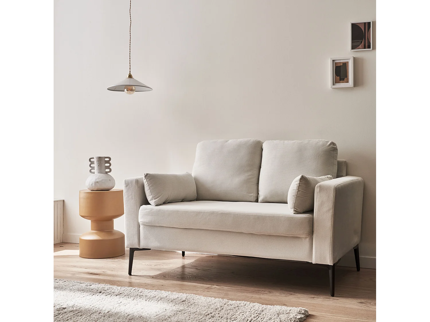 Canapé en velours côtelé blanc - Bjorn - Canapé 2 places fixe droit pieds métal