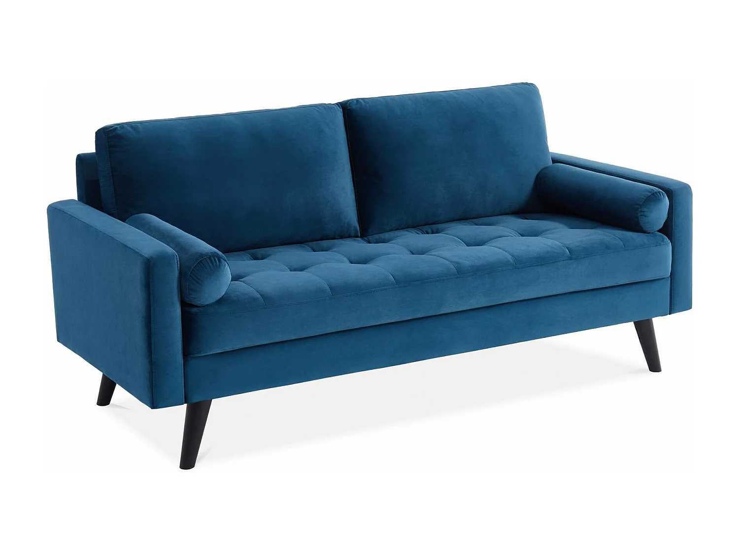 Canapé en velours bleu pétrole. 3 places scandinave fixe. droit. pieds bois noir