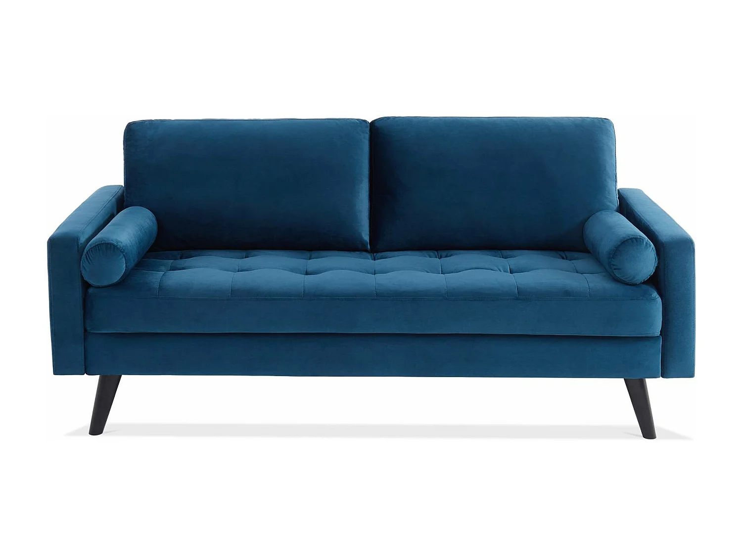 Canapé en velours bleu pétrole. 3 places scandinave fixe. droit. pieds bois noir