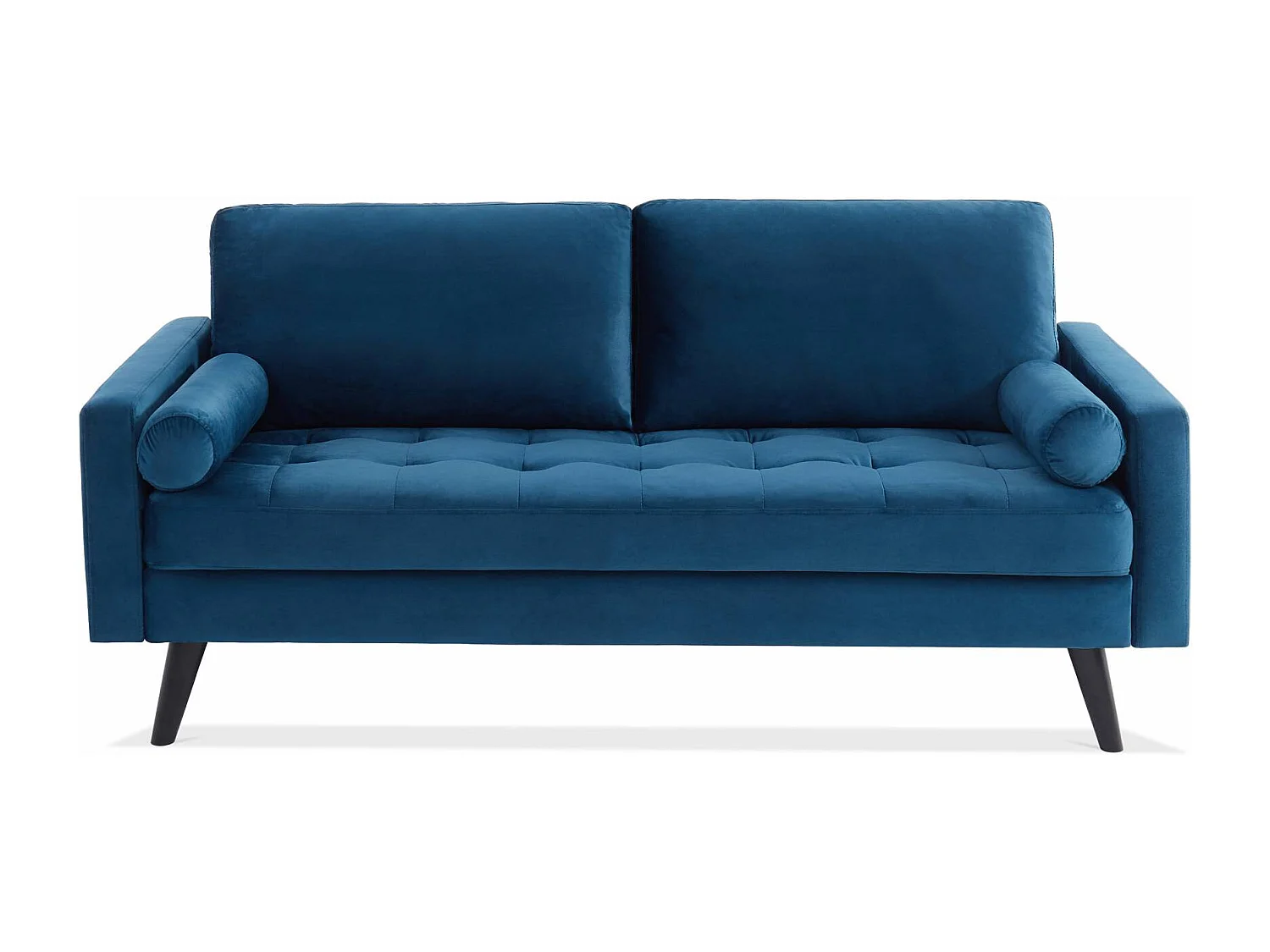 Canapé en velours bleu pétrole. 3 places scandinave fixe. droit. pieds bois noir