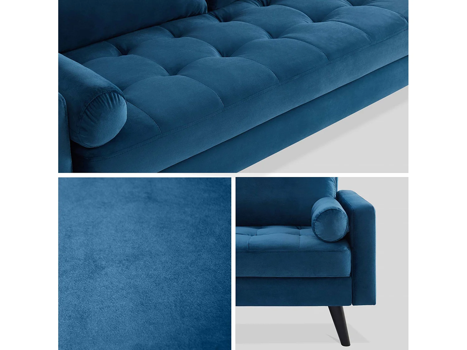 Canapé en velours bleu pétrole. 3 places scandinave fixe. droit. pieds bois noir