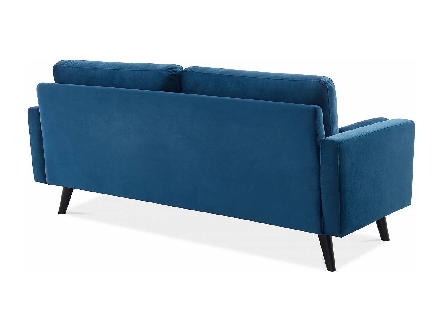 Canapé en velours bleu pétrole. 3 places scandinave fixe. droit. pieds bois noir