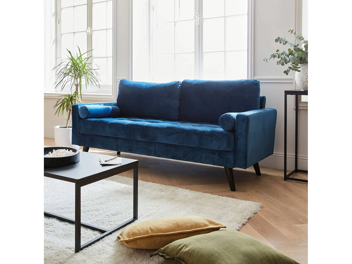 Divano con gambe in legno, 3 posti, blu navy