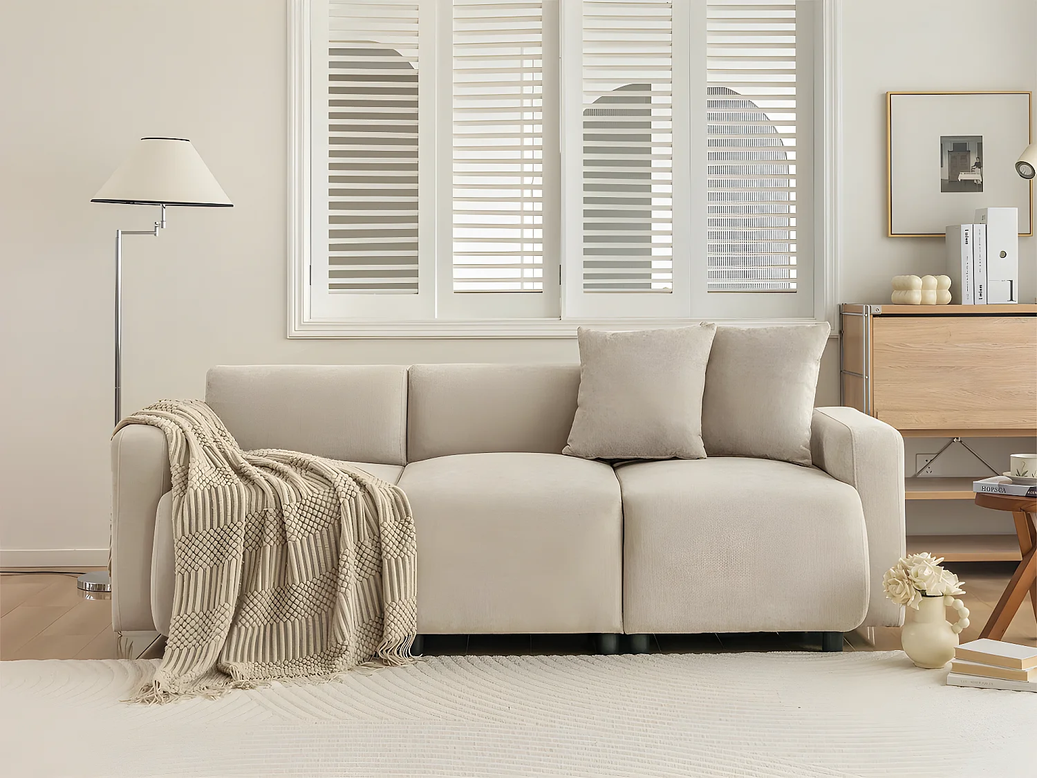 Divano 3 posti in tessuto Ciniglia con 2 cuscini - letto 211 cm - Beige