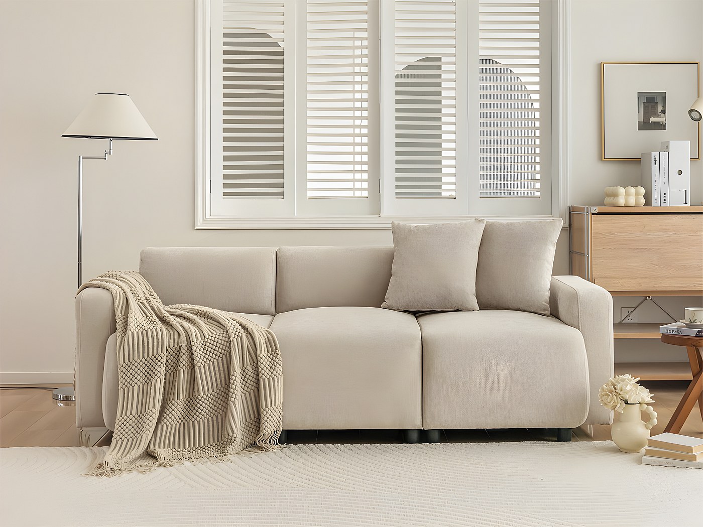 Beige hoekbank - 4-zitsbank met zitting en kussens - voor woonkamer en