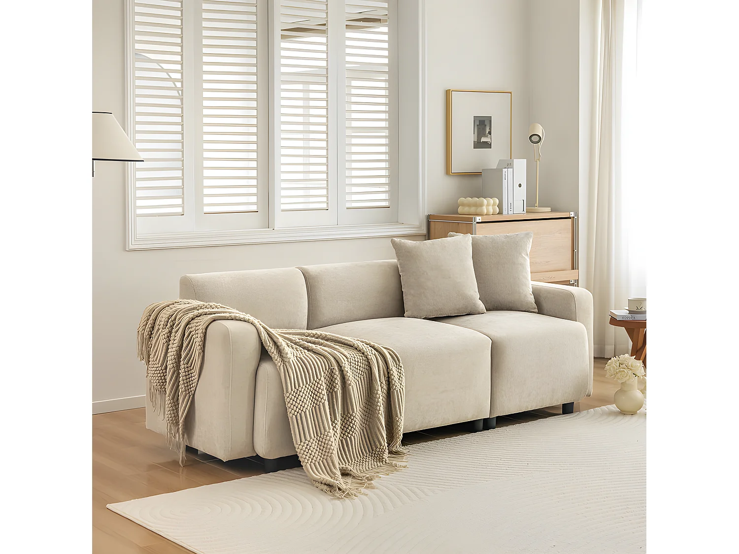 Canapé 3 places - rembourré en tissu chenille - design moderne - Beige