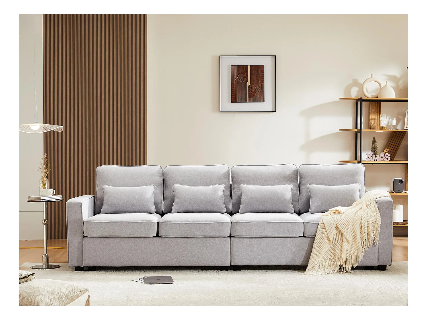 Canapé fixe 4 places en tissu lin - avec poches sur les côtés - Gris clair