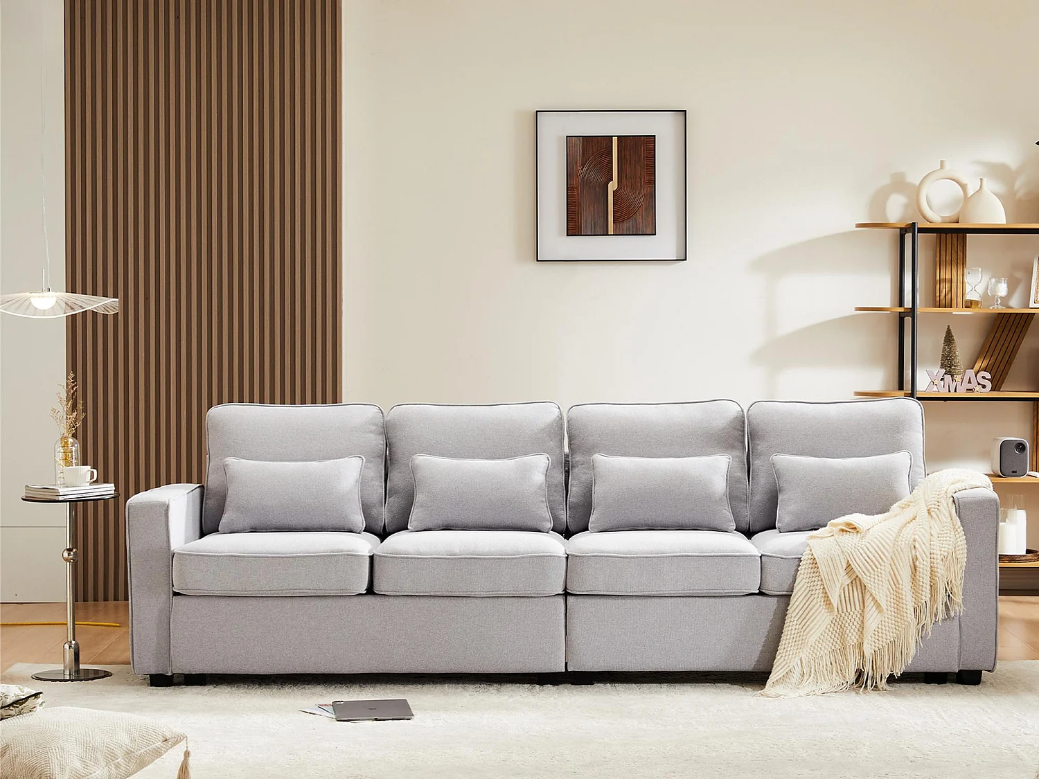 Canapé fixe 4 places en tissu lin - avec poches sur les côtés - Gris clair