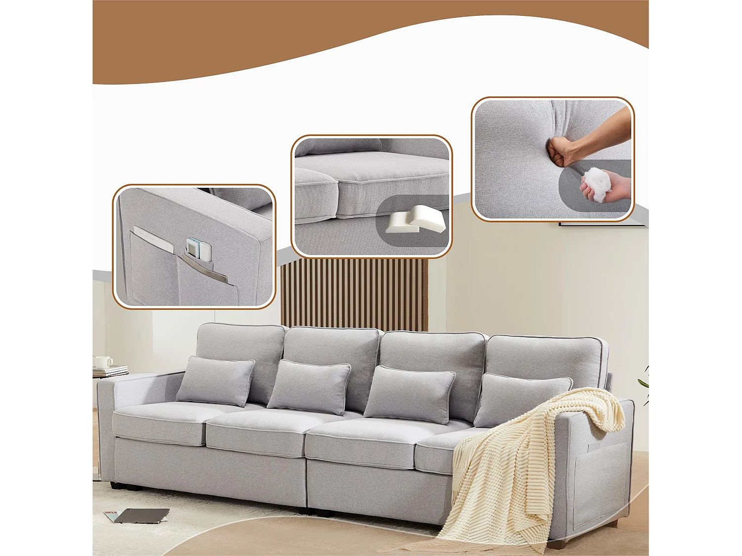 Canapé fixe 4 places en tissu lin - avec poches sur les côtés - Gris clair