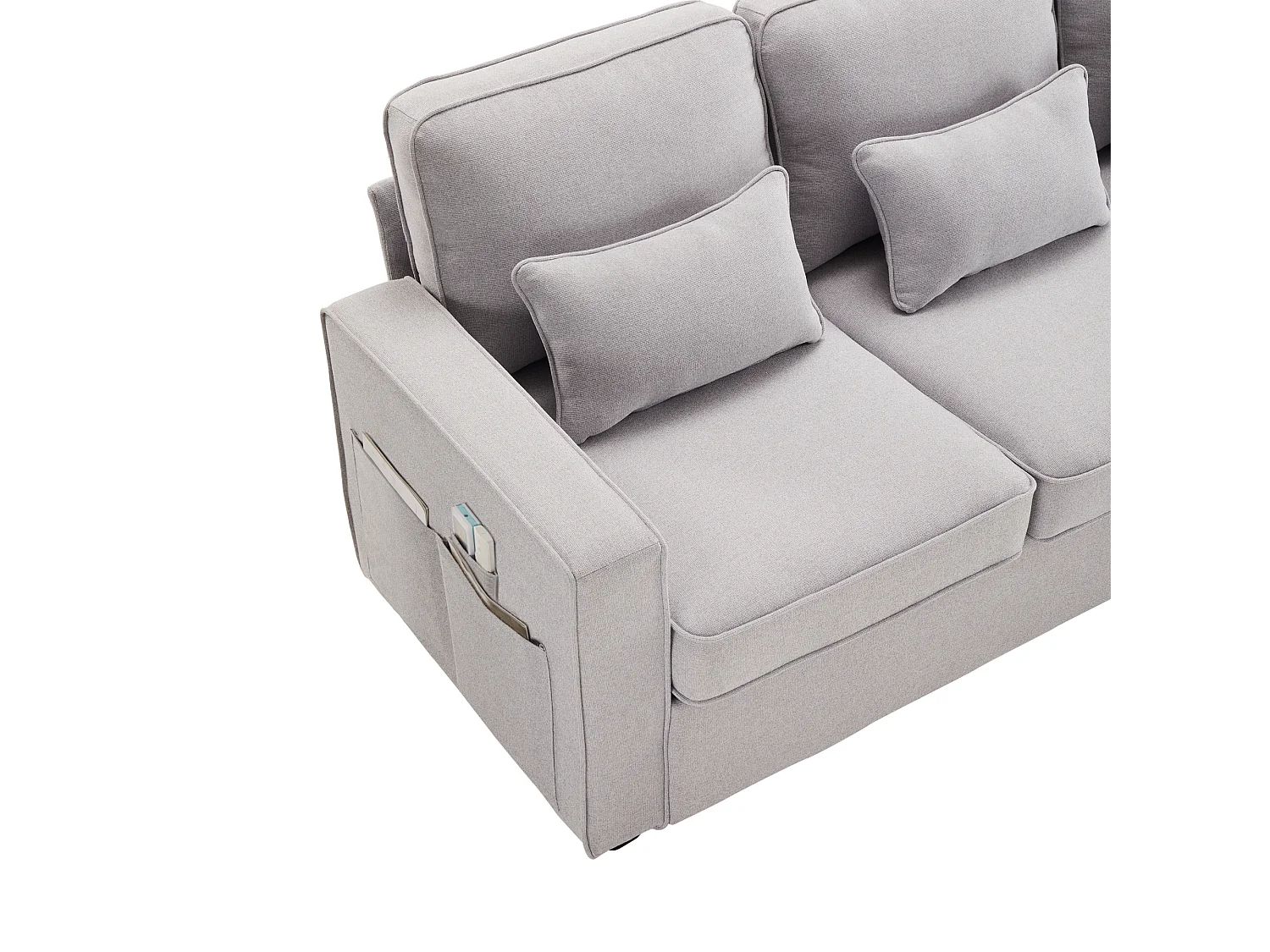 Canapé fixe 4 places en tissu lin - avec poches sur les côtés - Gris clair