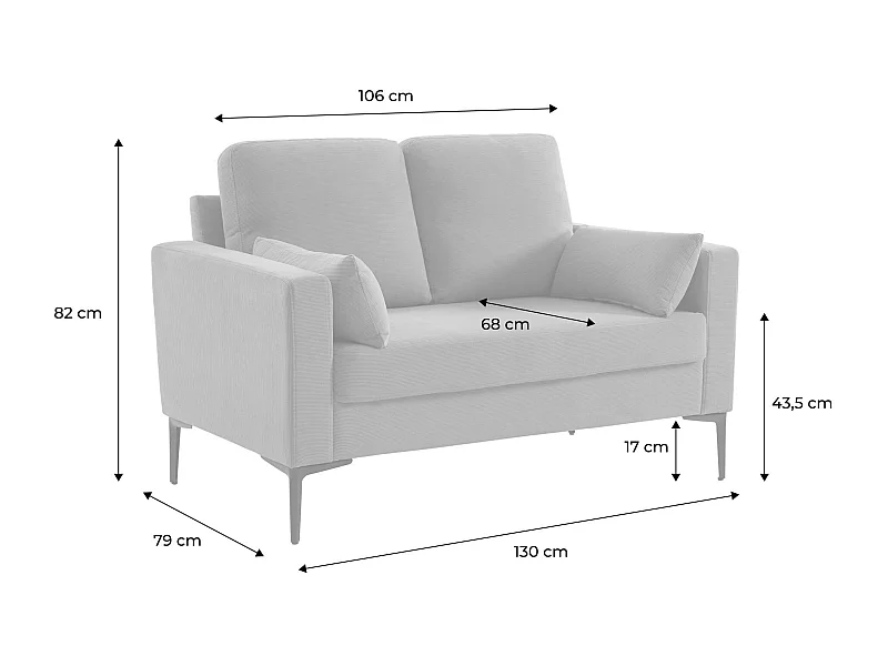 Divano a 2 posti in velluto a coste, gambe in metallo, terracotta