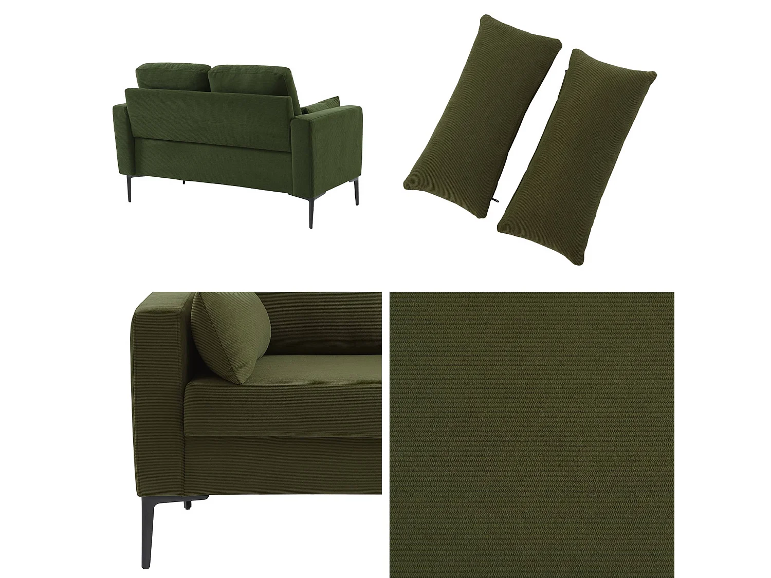 Divano a 2 posti in velluto a coste, gambe in metallo, kaki