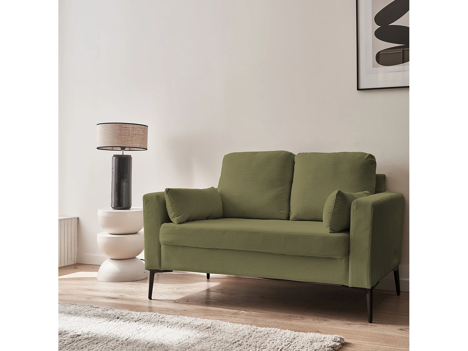 Sofá de pana con patas de metal de 2 plazas kaki oscuro