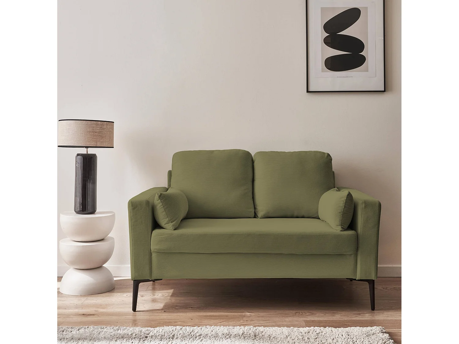 Canapé en velours côtelé kaki foncé - Bjorn - Canapé 2 places fixe droit pieds métal