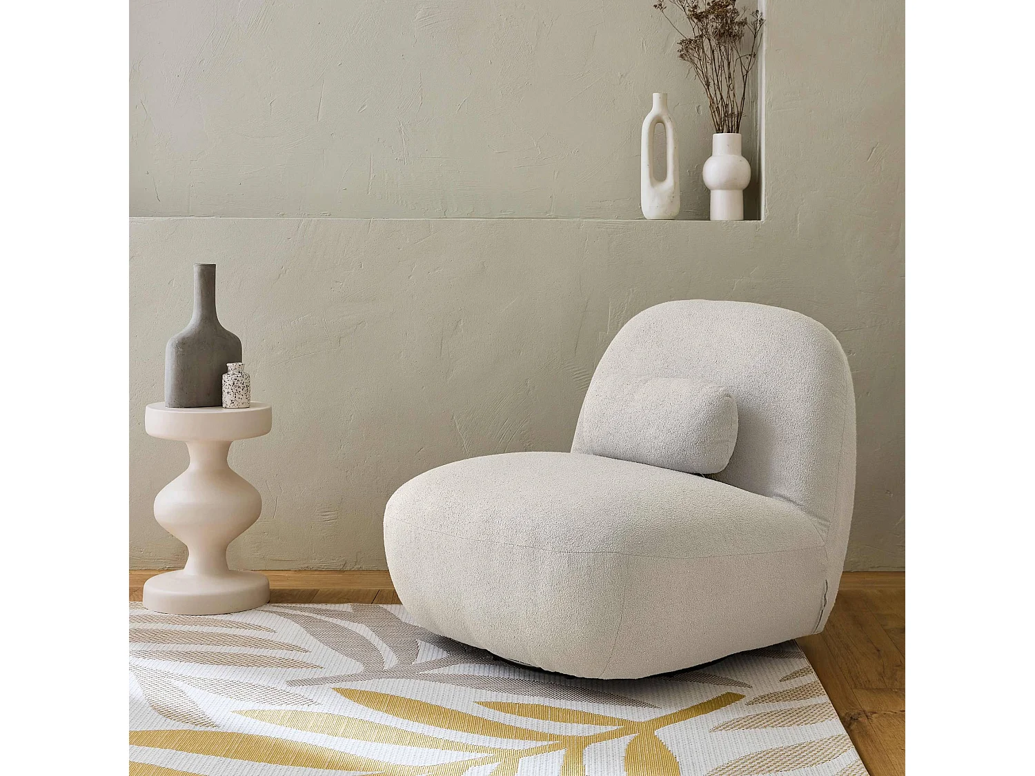 Poltrona girevole 360° bouclé, crema