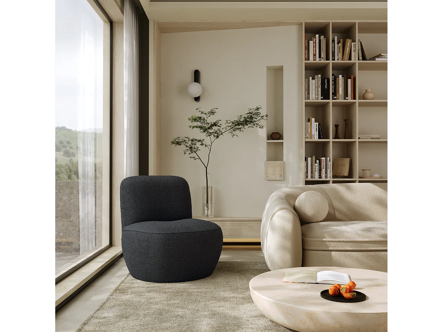 Fauteuil en tissu bouclette gris anthracite