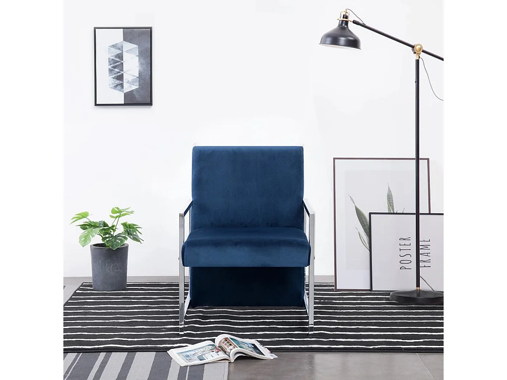Poltrona con Piedini Cromati Blu in Velluto