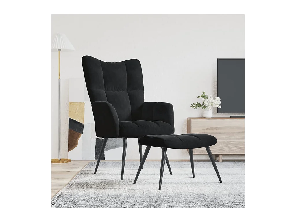 Chaise de relaxation avec tabouret Noir Velours