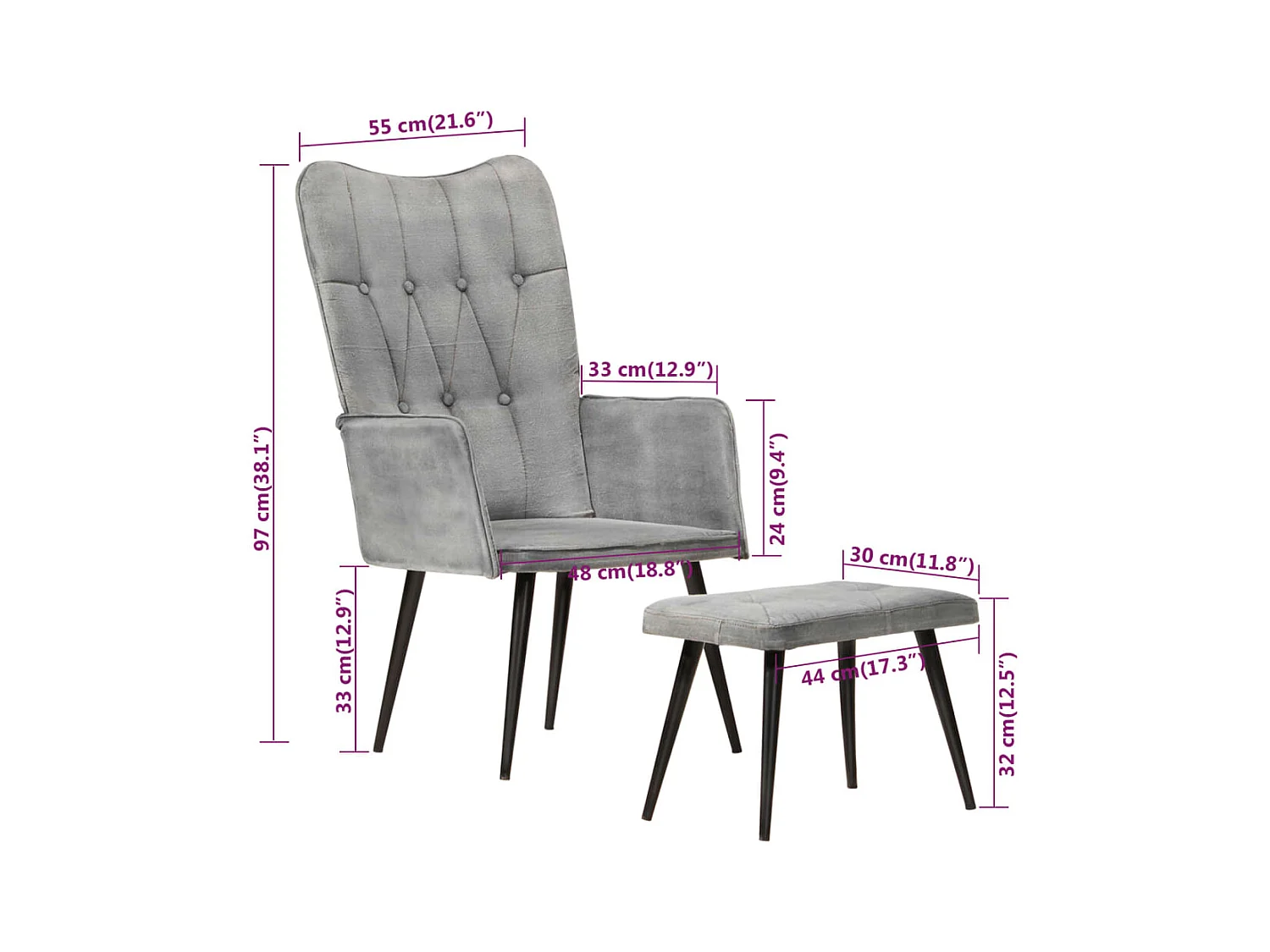 Ohrensessel mit Hocker Grau Vintage Canvas
