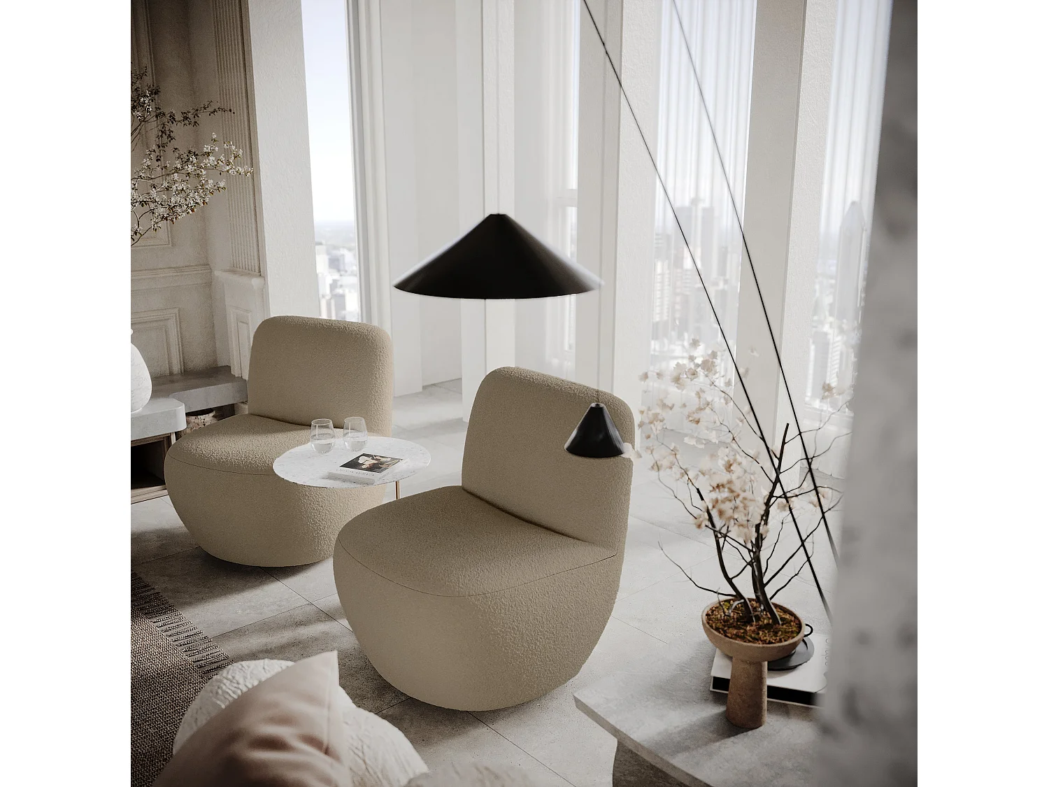 Fauteuil de salon pivotant en bouclette taupe JENA