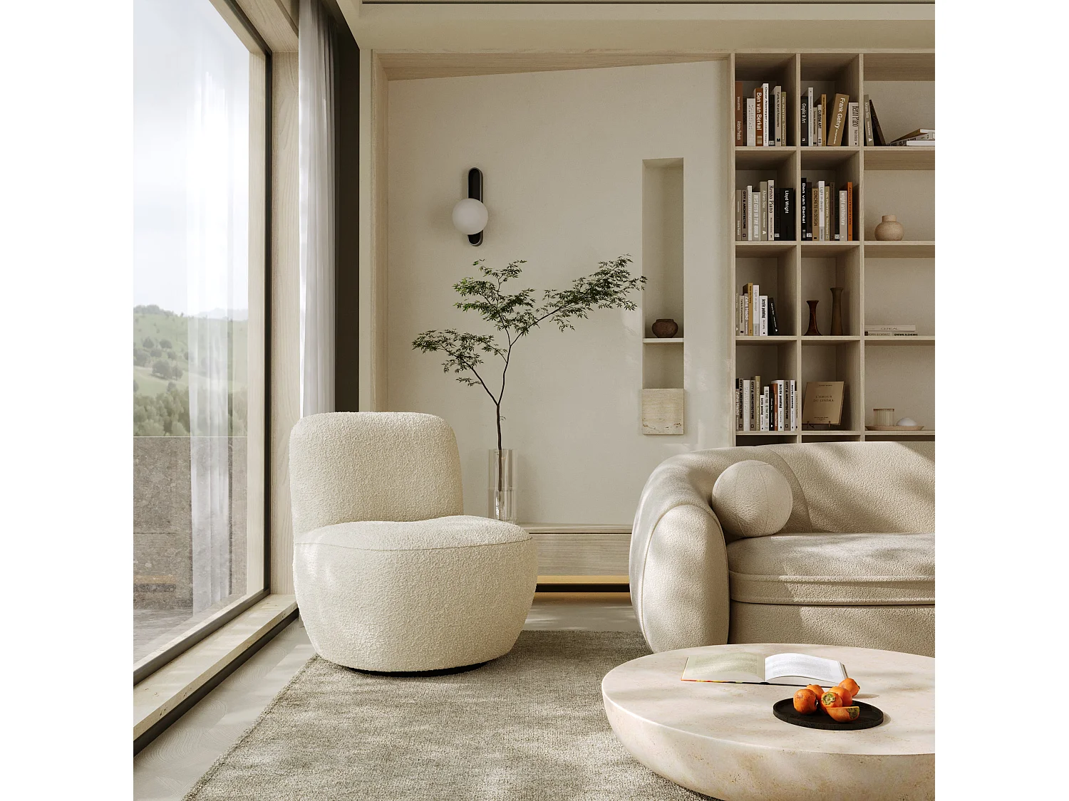 Fauteuil de salon pivotant en bouclette beige JENA