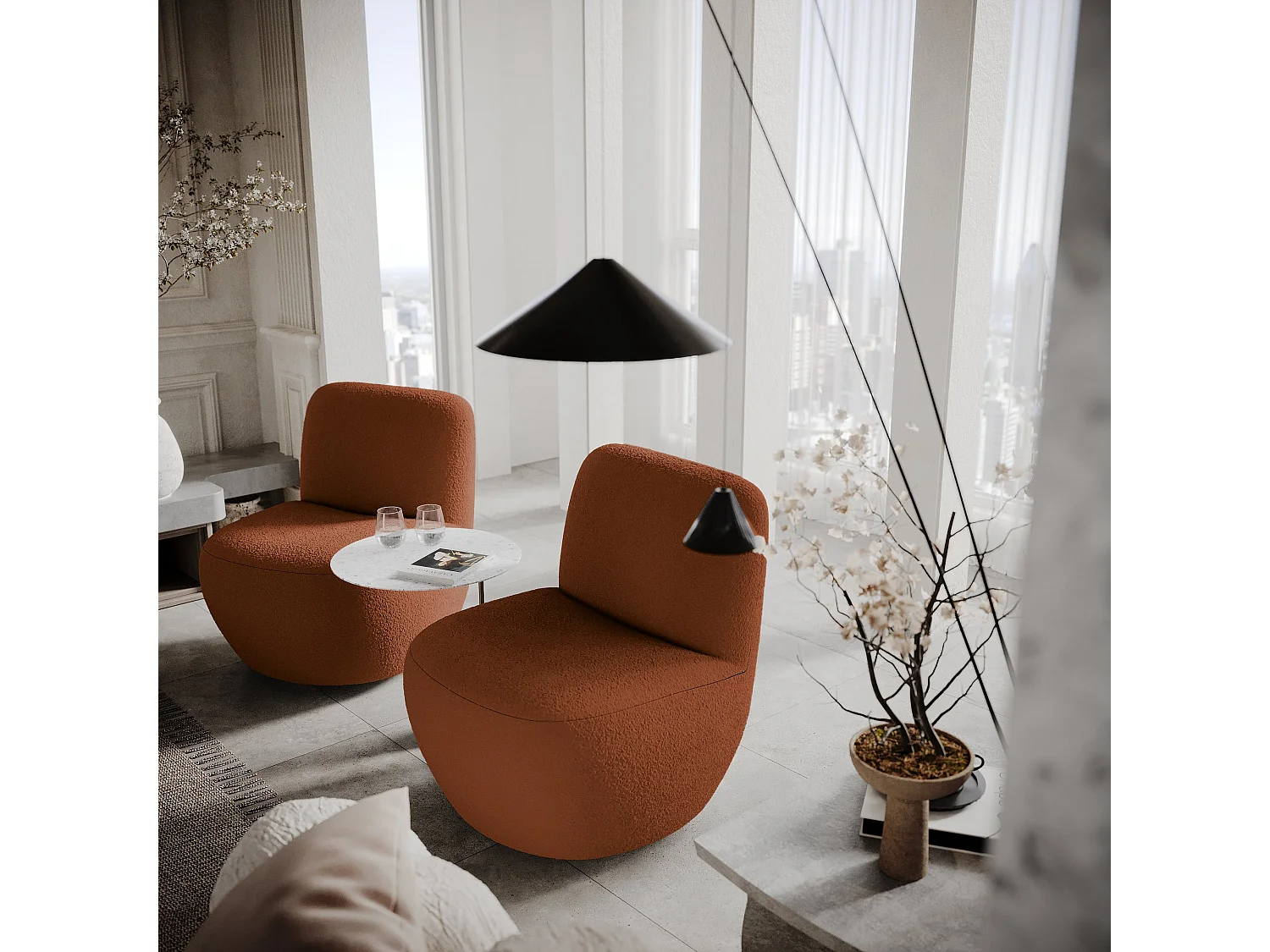 Fauteuil de salon pivotant en bouclette terracotta JENA