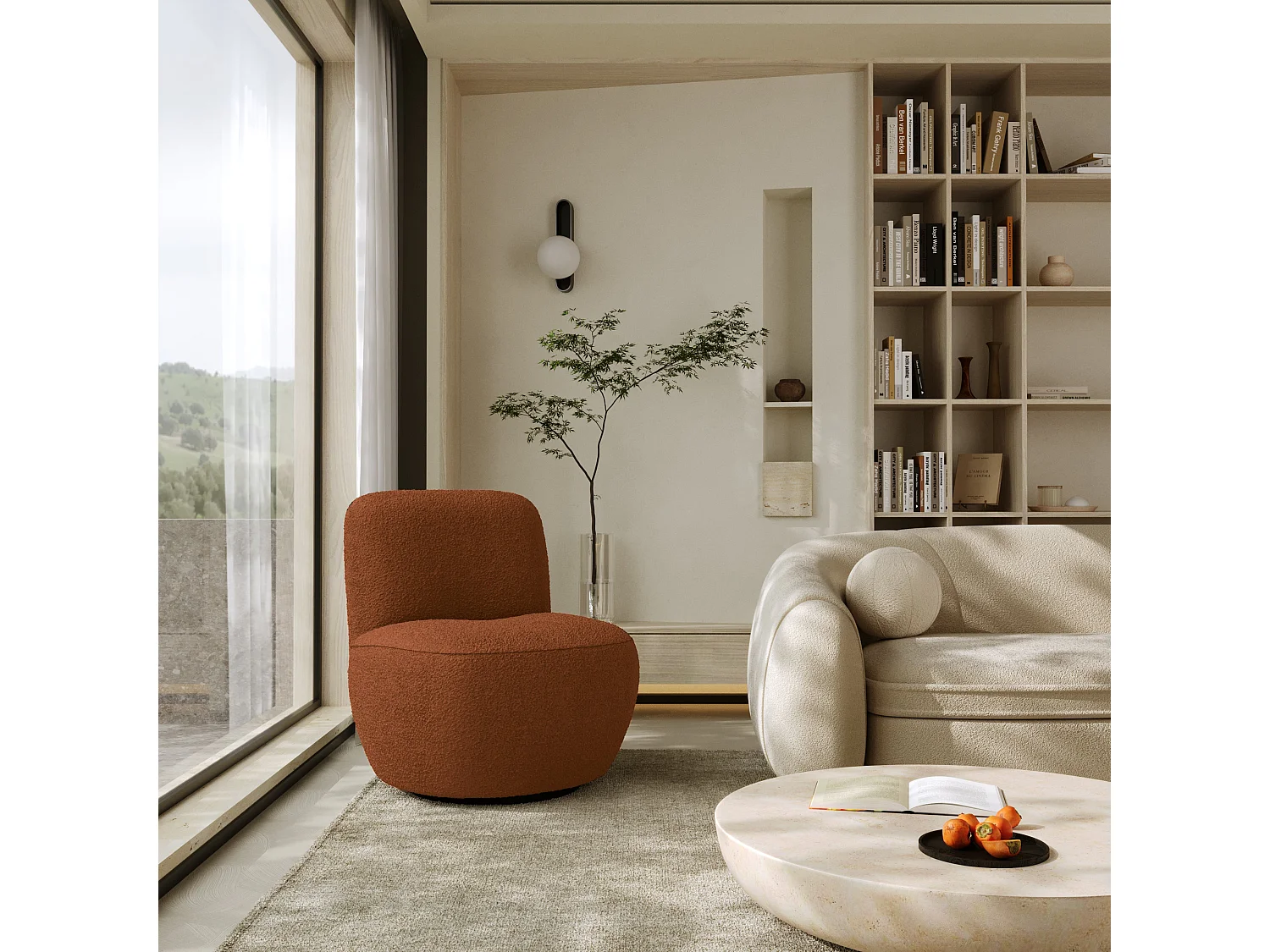 Fauteuil de salon pivotant en bouclette terracotta JENA