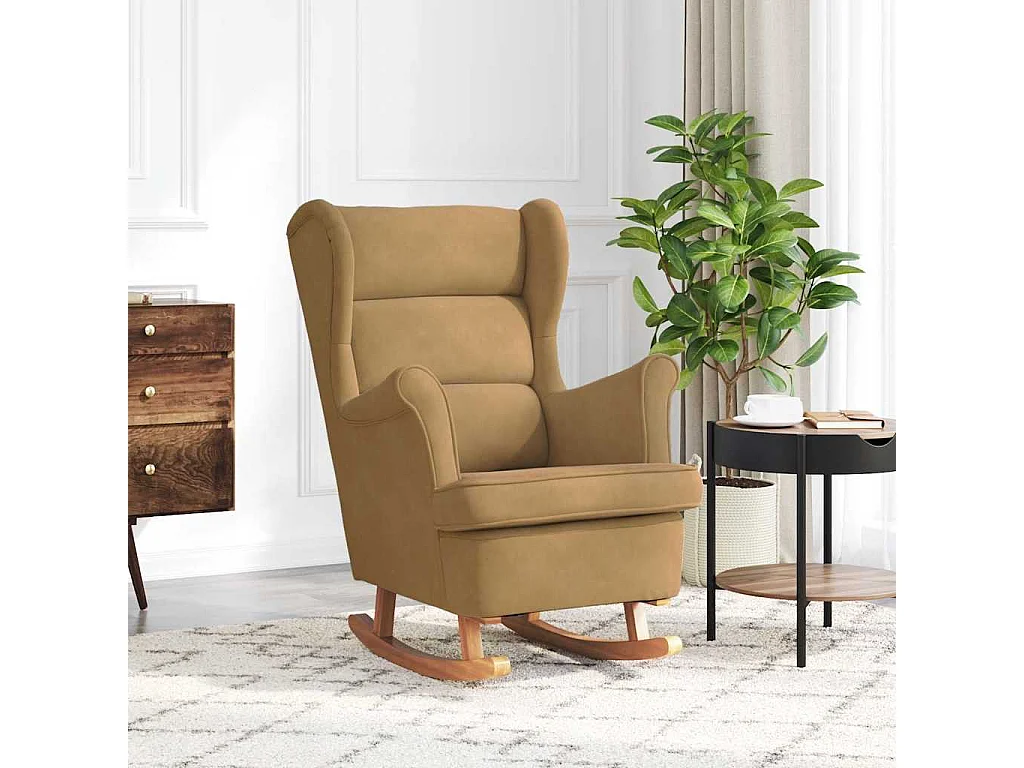 Fauteuil à bascule à oreilles en velours marron bois massif