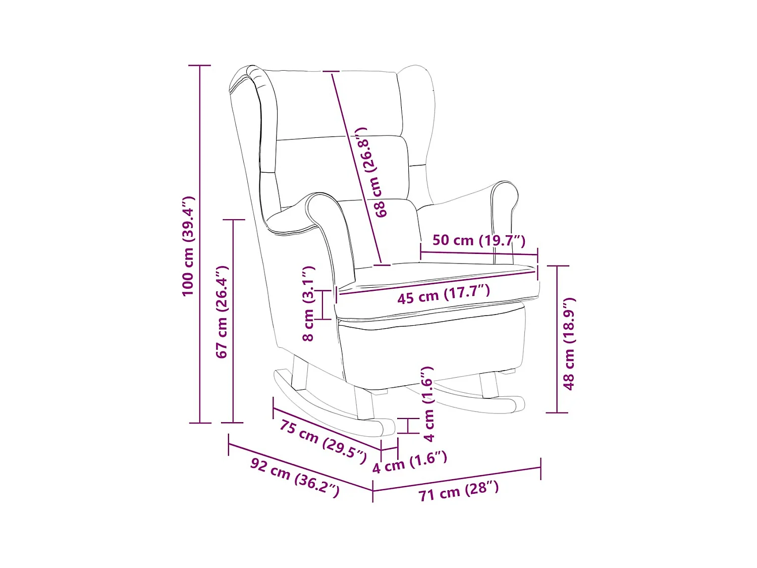 Fauteuil à bascule à oreilles en velours marron bois massif