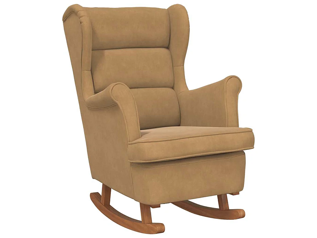 Fauteuil à bascule à oreilles en velours marron bois massif