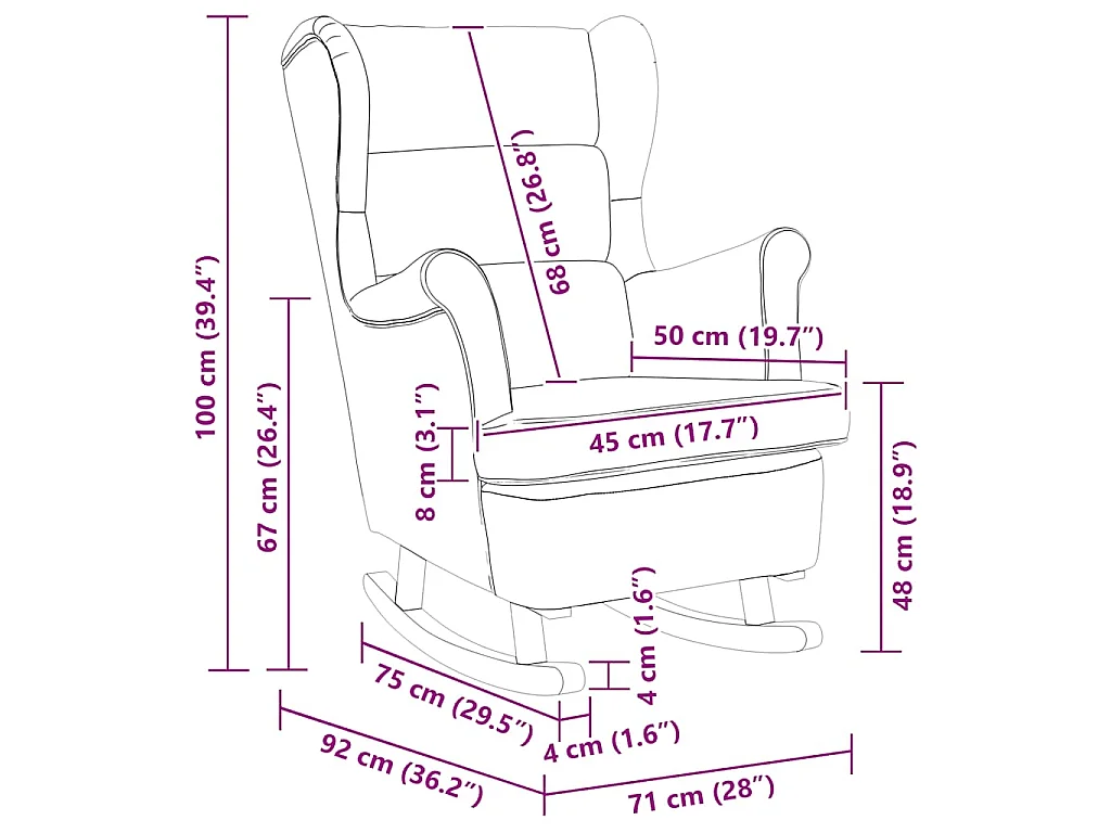 Fauteuil à bascule à oreilles en velours marron bois massif