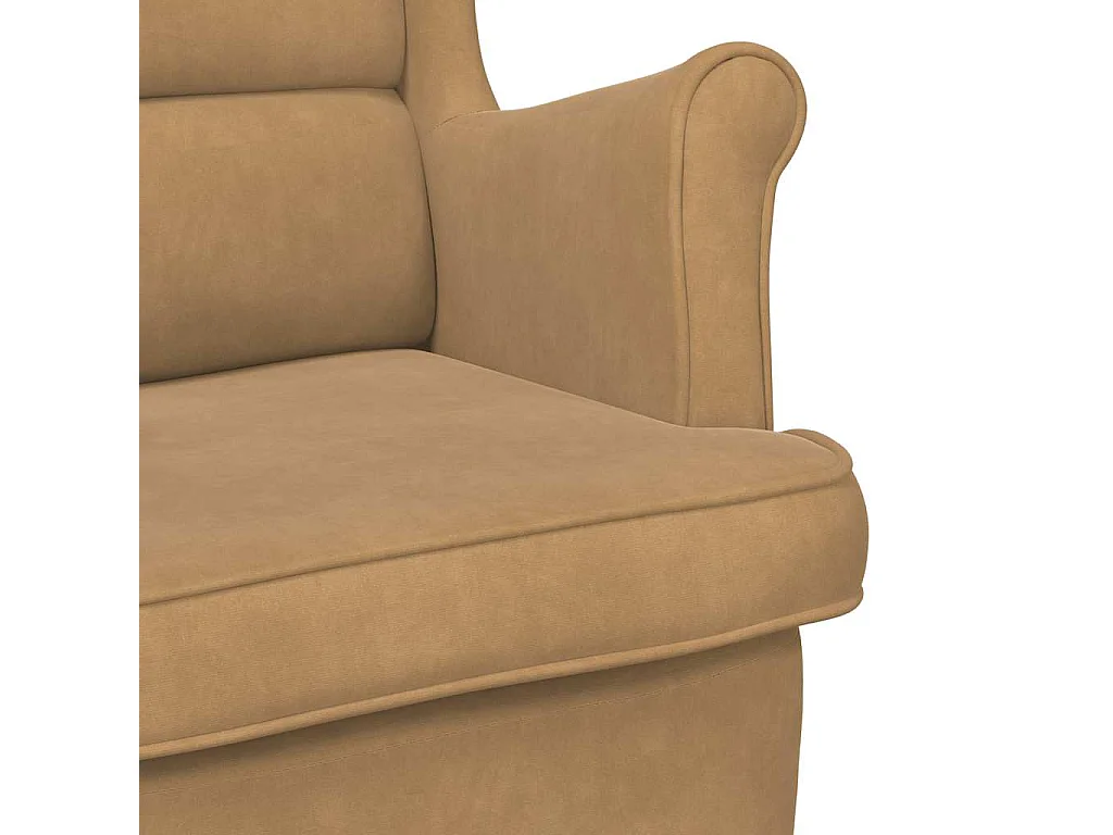 Fauteuil à bascule à oreilles en velours marron bois massif