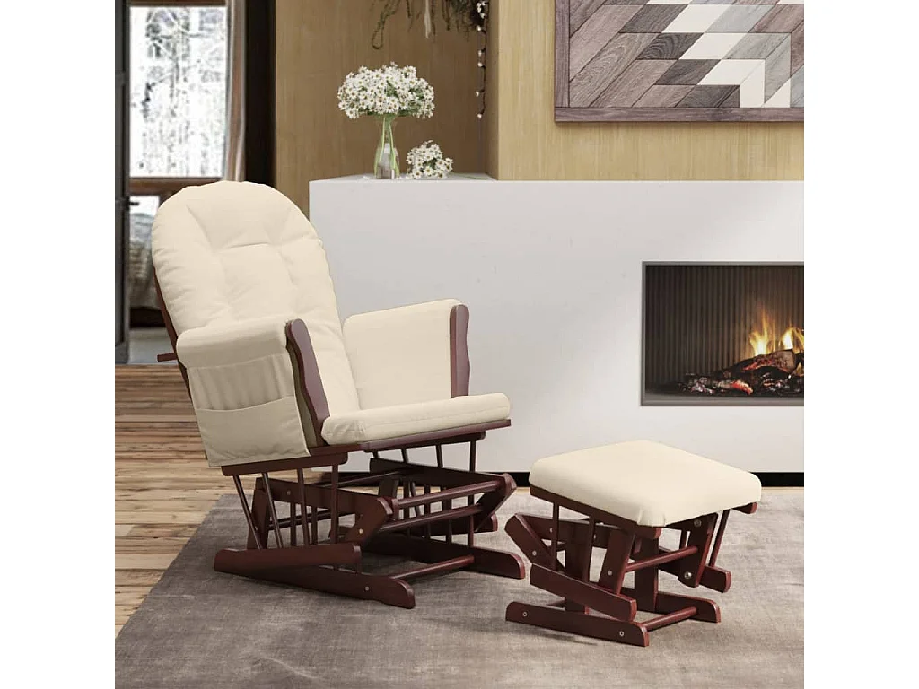 Poltrona Glider con Sgabello Bianco Crema in Tessuto