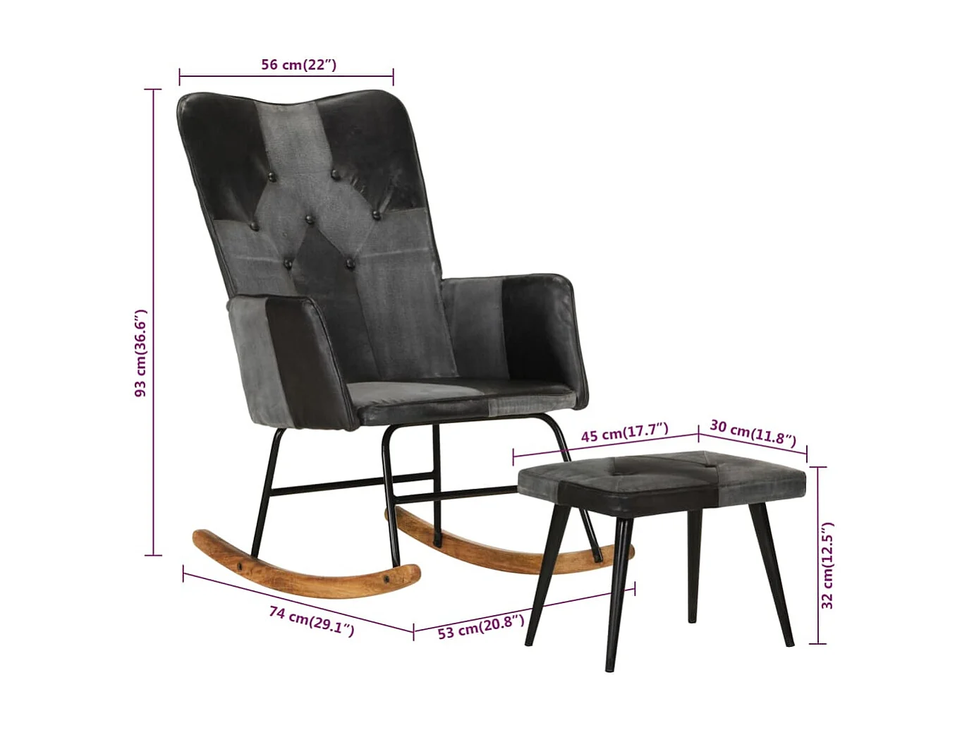 Chaise à bascule et repose-pieds Marron Noir véritable et toile