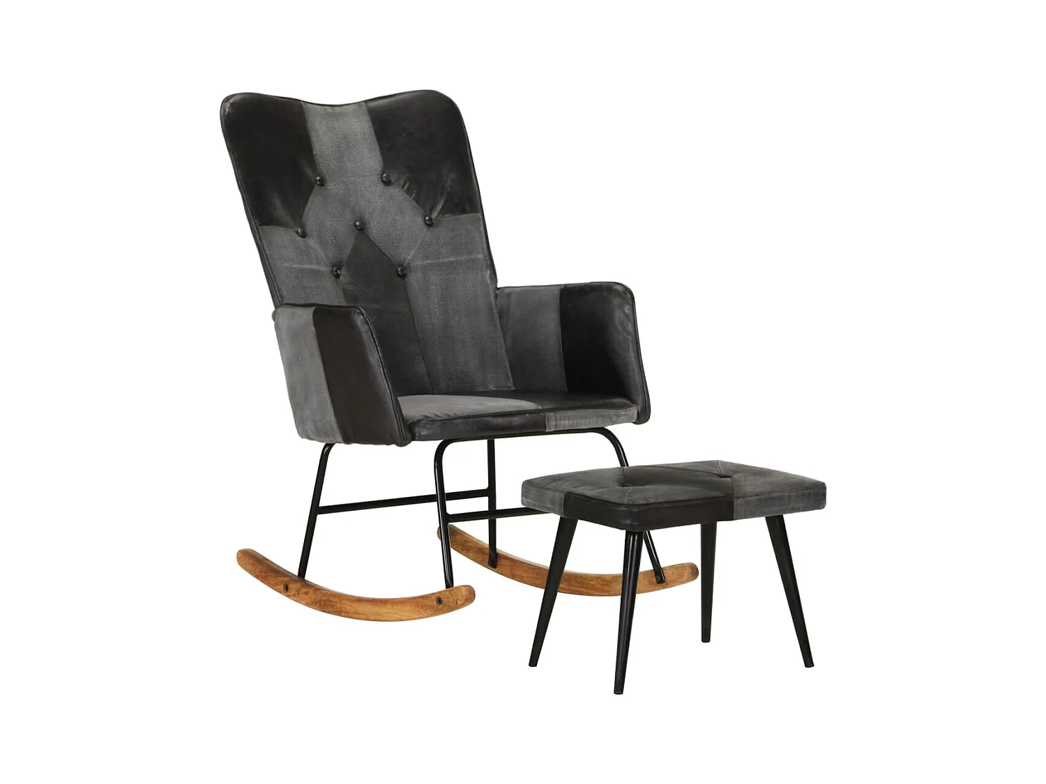 Chaise à bascule et repose-pieds Marron Noir véritable et toile