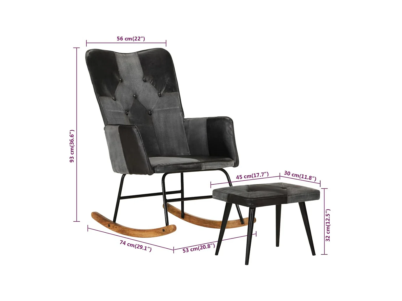 Chaise à bascule et repose-pieds Marron Noir véritable et toile