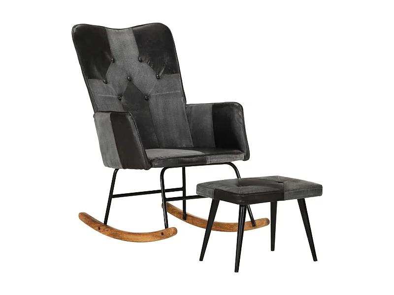 Chaise à bascule et repose-pieds Marron Noir véritable et toile