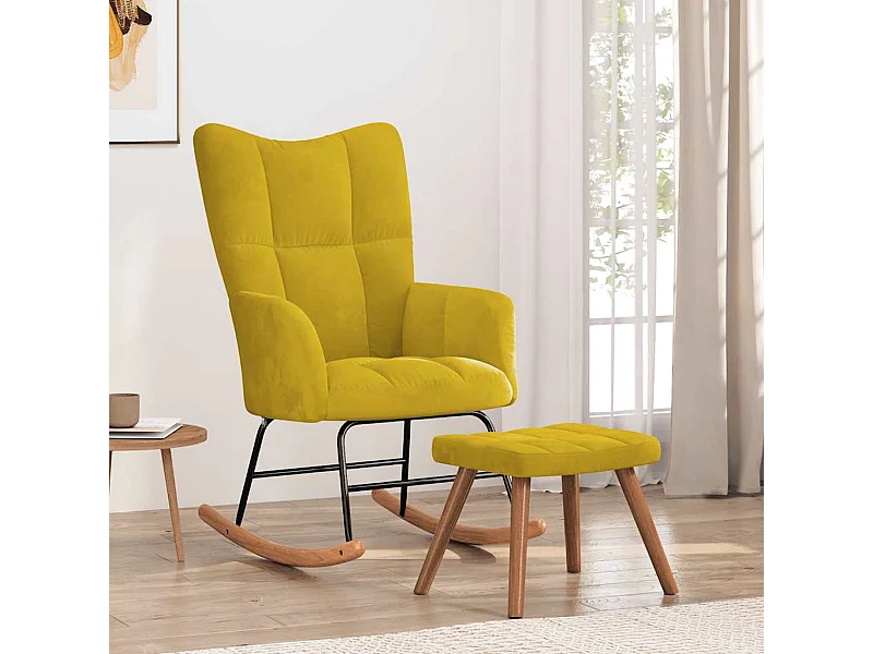 Schommelstoel met voetenbank fluweel mosterdgeel