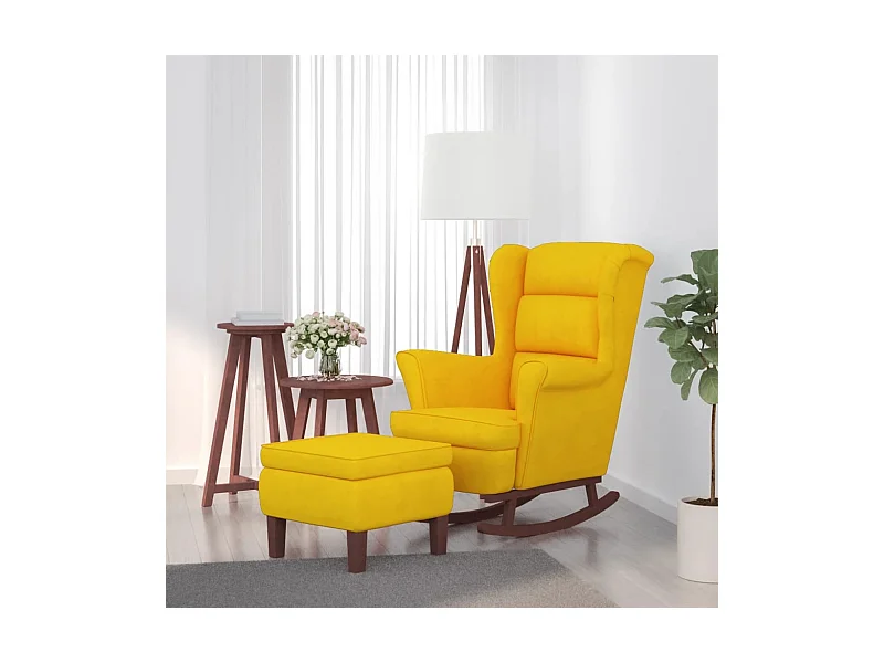 Fauteuil à bascule à oreilles en velours jaune bois massif