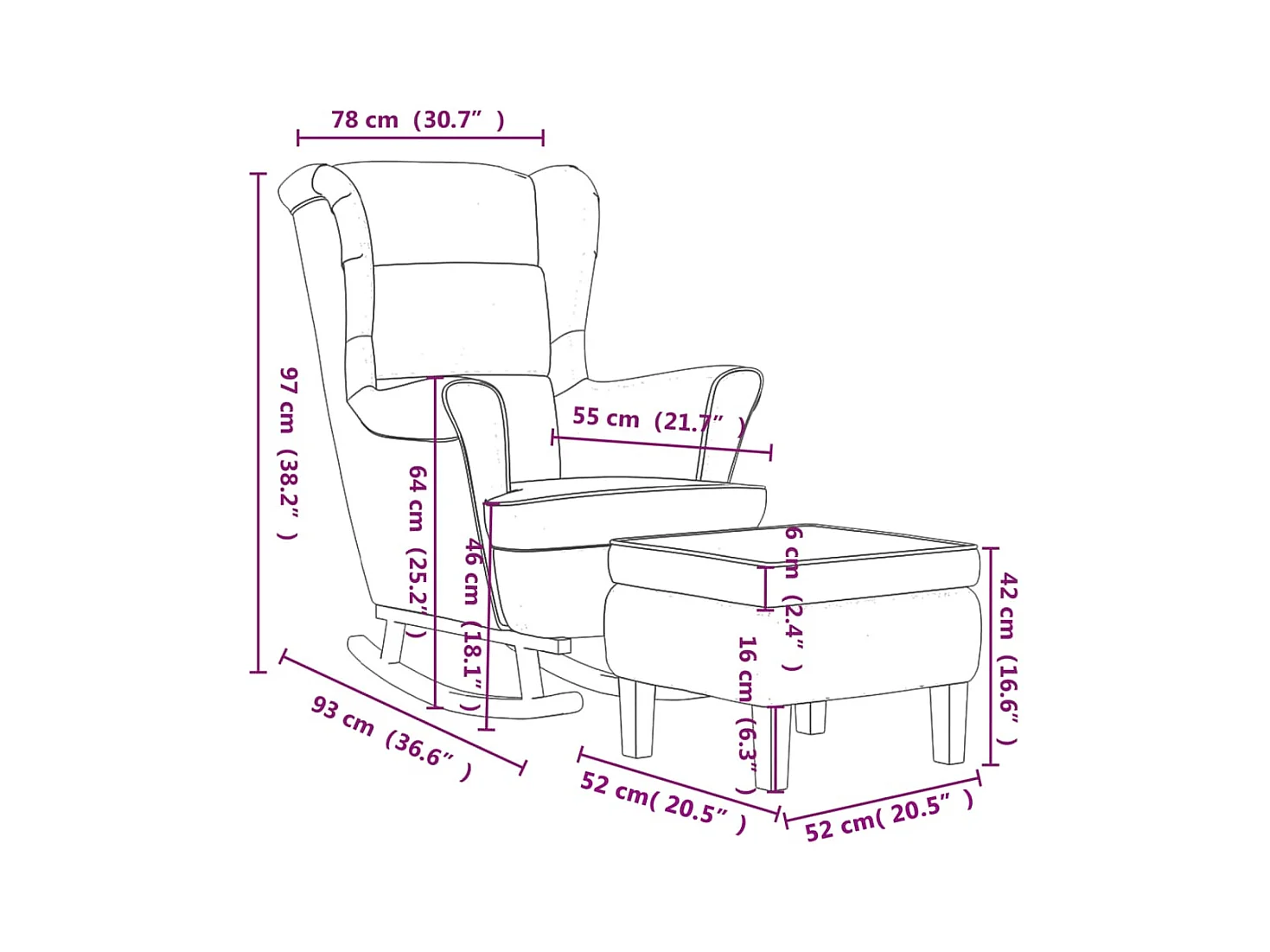 Fauteuil à bascule à oreilles en velours jaune bois massif